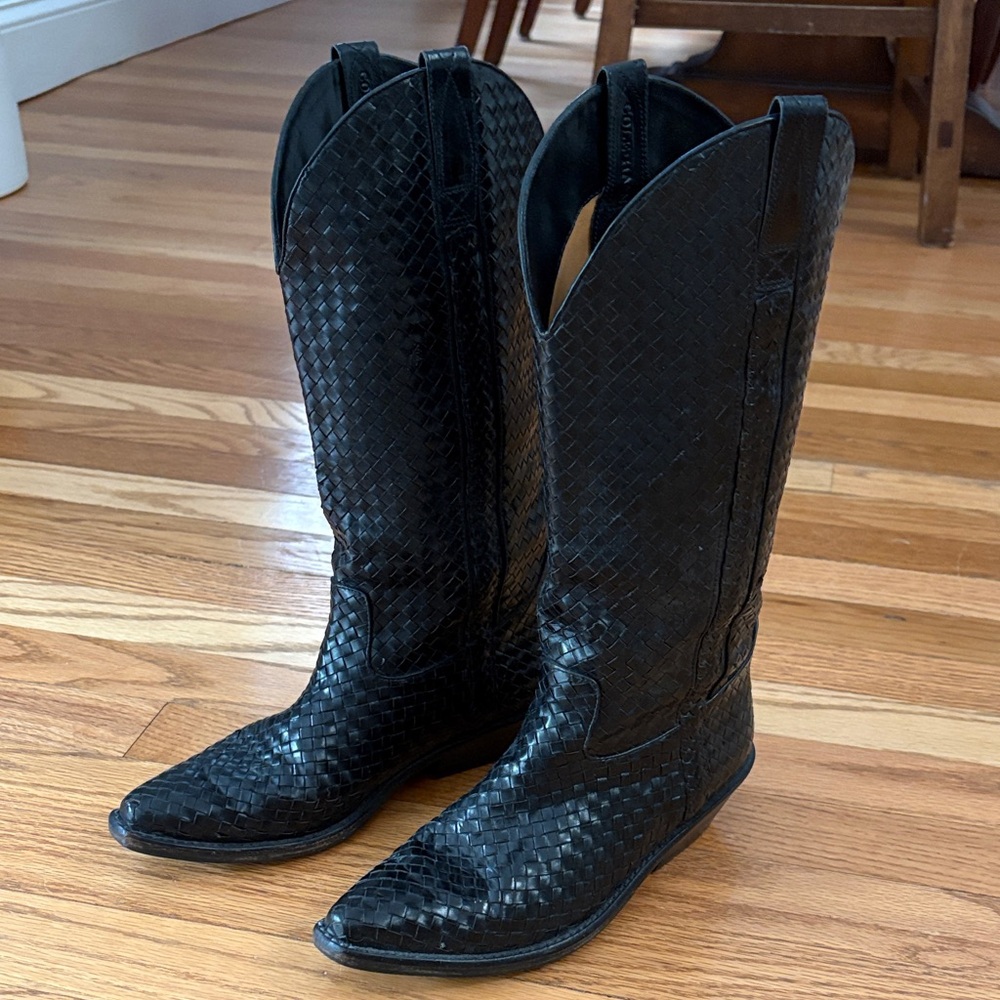 Cole Haan Black Woven Leather Pull-On Boots with Tan Inset